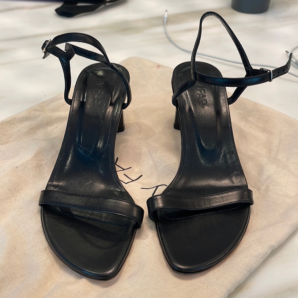 WORN ONCE By Far Black Leather Ankle Strap Sandals